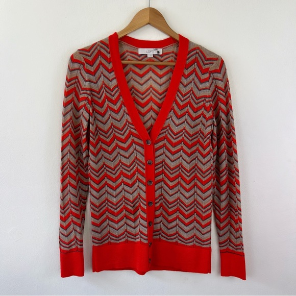 LOFT Sweaters - LOFT Orange Wool Blend Chevron Printed Lightweight Buttoned Cardigan Sweater